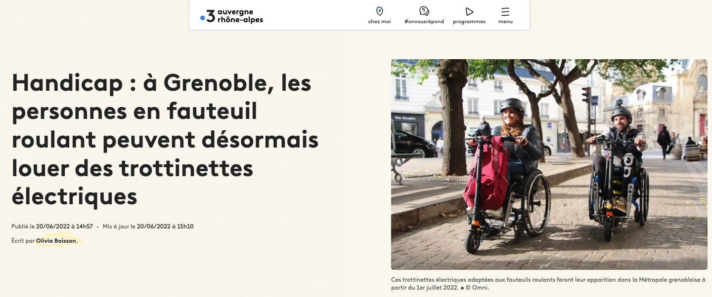 France 3 : Handicap : à Grenoble, les personnes en fauteuil roulant peuvent désormais louer des trottinettes électriques