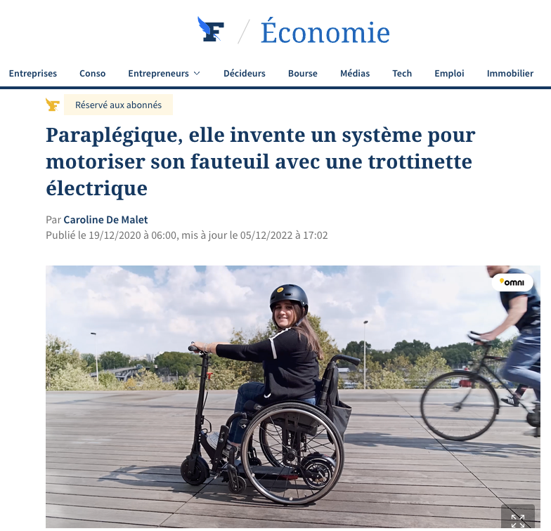 Le Figaro : Paraplégique, elle invente un système pour motoriser son fauteuil avec une trottinette électrique