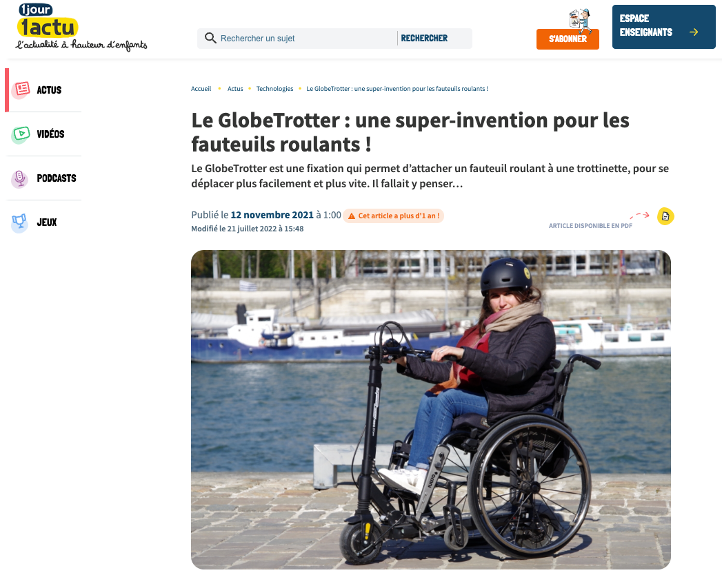 1 jour 1 actu : Le GlobeTrotter : une super-invention pour les fauteuils roulants !