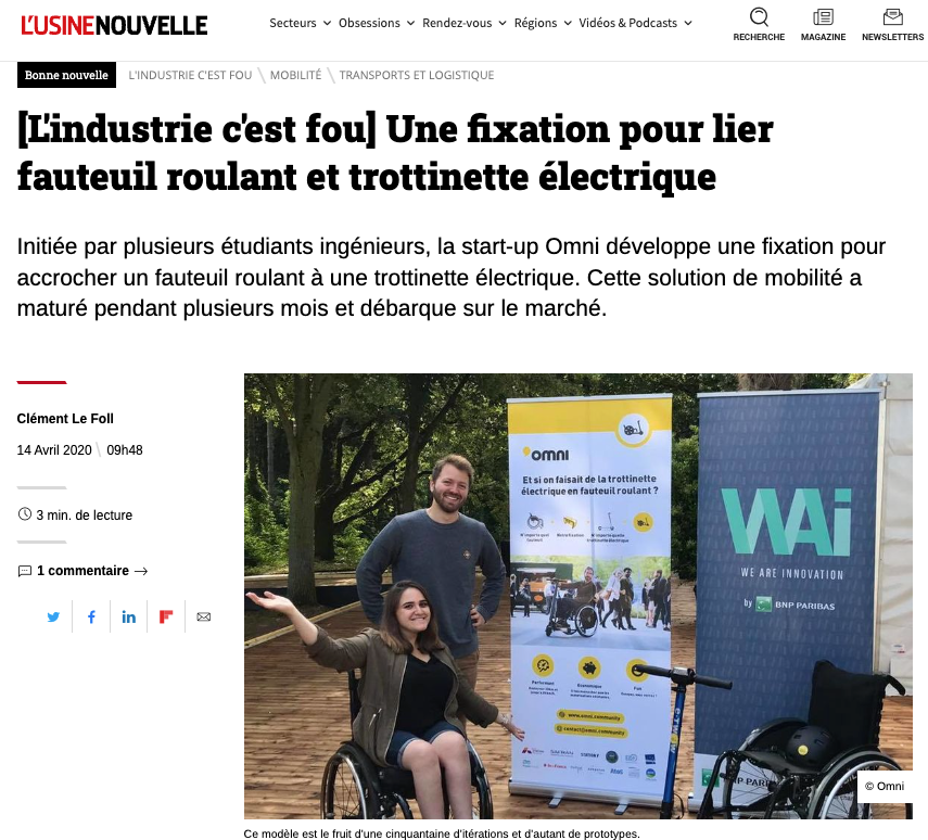 L'Usine Nouvelle : [L'industrie c'est fou] Une fixation pour lier fauteuil roulant et trottinette électrique