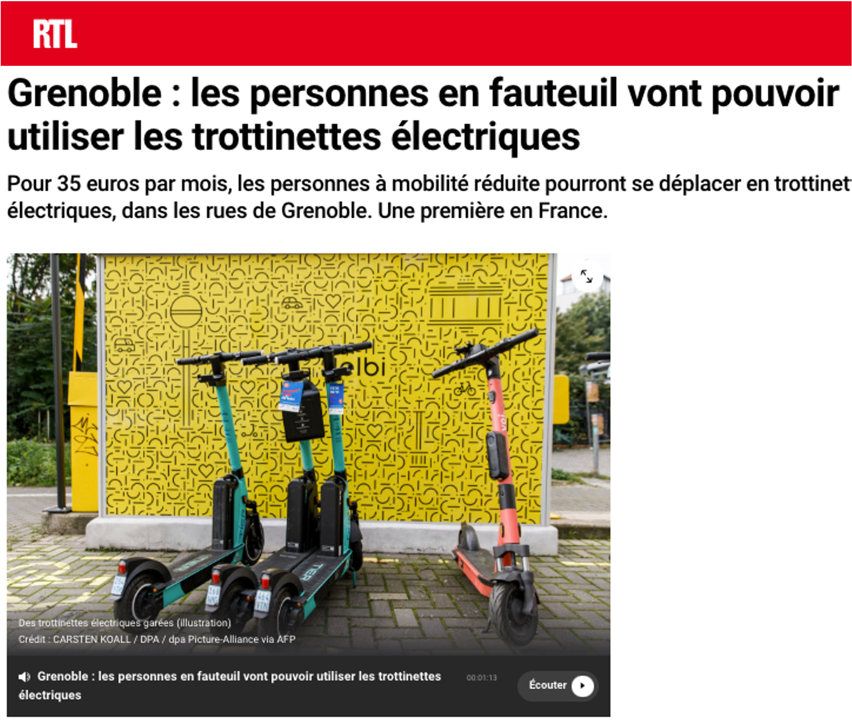 RTL : Grenoble, les personnes en fauteuil vont pouvoir utiliser les trottinettes électriques